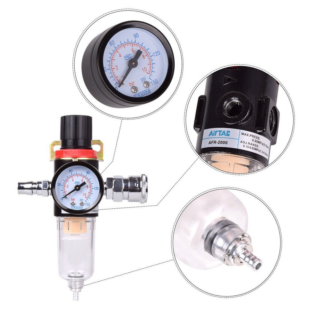 Air Compressor Filter Regulator Water Pressure Moisture Water Separator, Trap Tool Kit With Adjustment Gauge