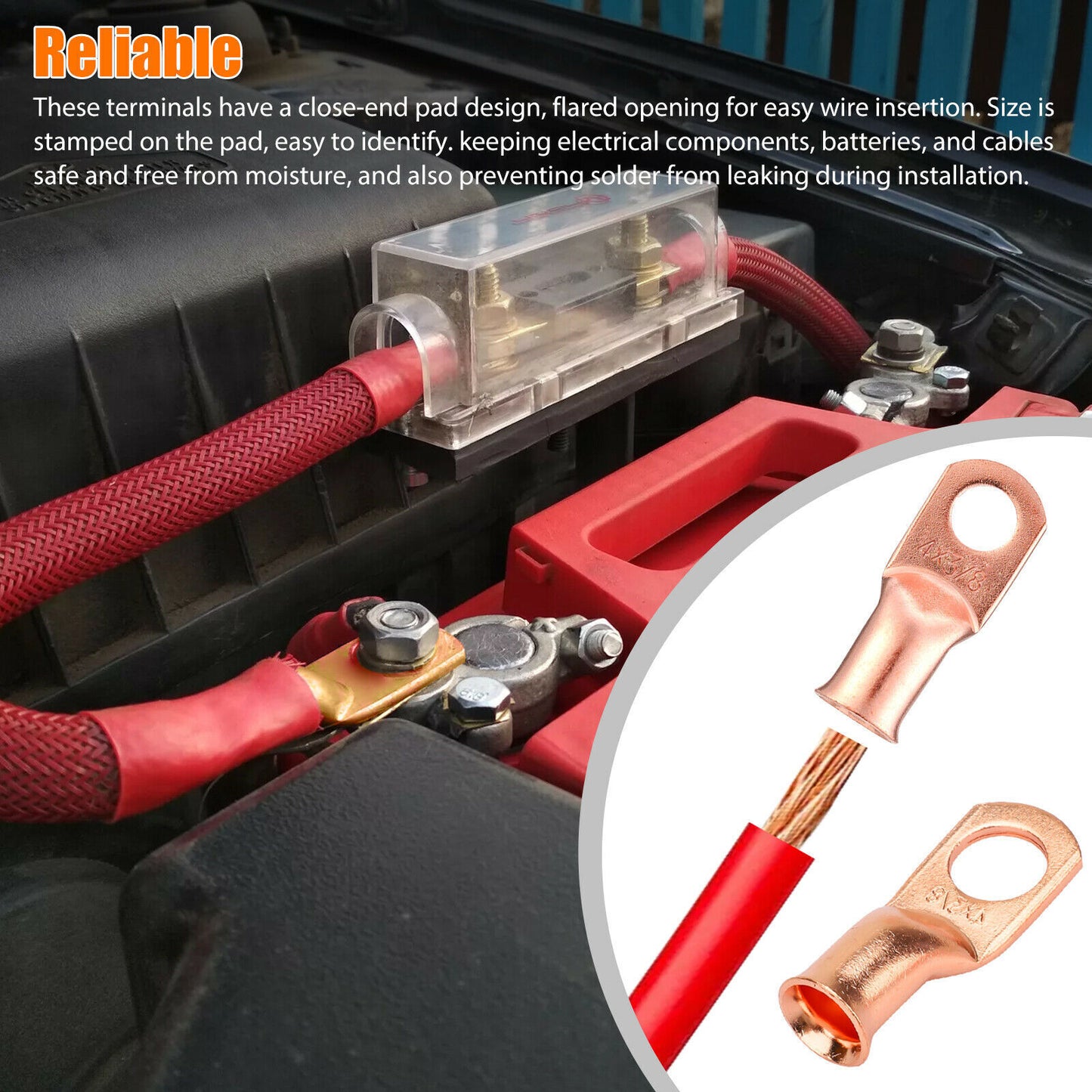 4 Gauge AWG Pure Copper Lugs Ring Terminals Connectors Log With Heat Shrink Kit