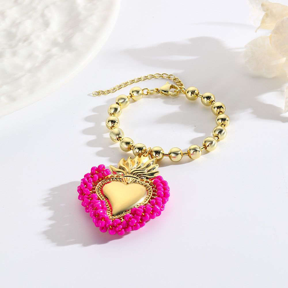 Retro Small Rice-shaped Beads Hand-woven Heart Bracelet