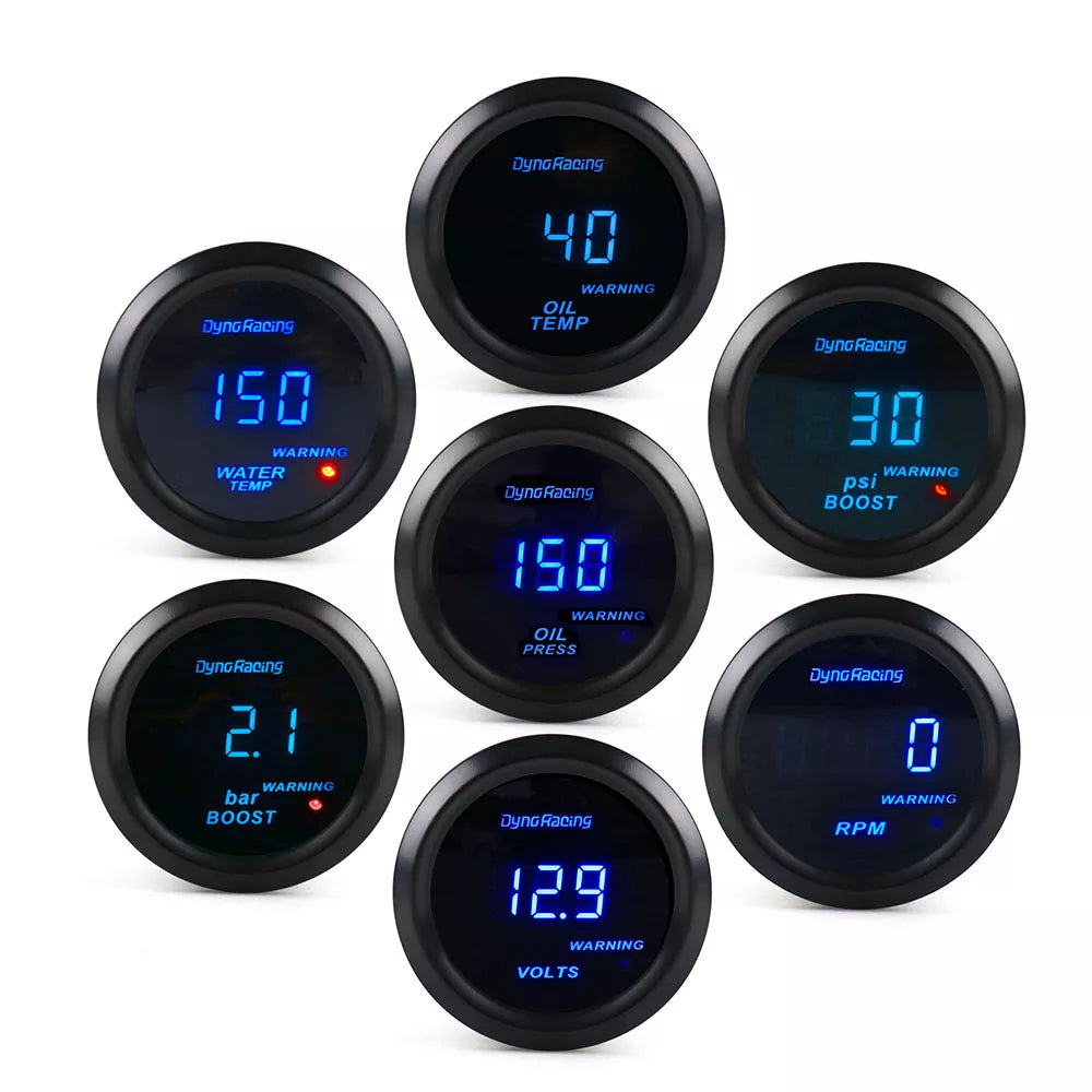 Dynoracing 2" 52mm Car Digital Tachometer Rpm Gauge Turbo Boost Gauge PSI Voltmeter Water Temp Oil Temp Oil Pressure Gauge