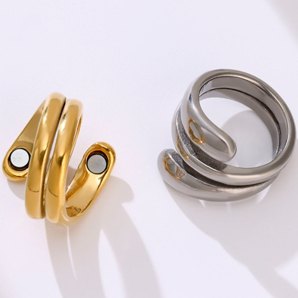 French Round Head Glossy Geometric Line Pattern Magnetic Therapy Ring