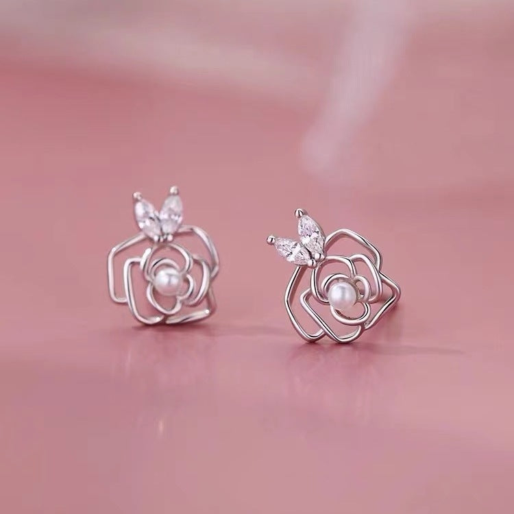 Sterling Silver Needle Flower Pearl Stud Earrings Minority Women