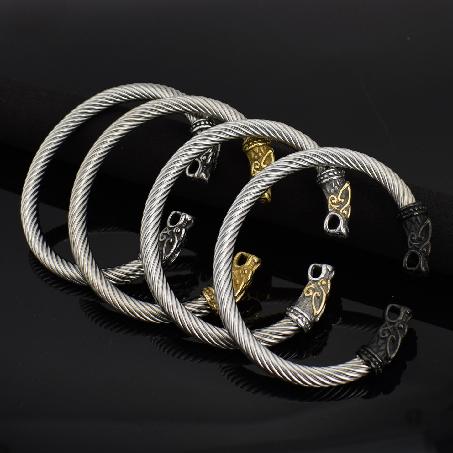 Viking Men's Double Dragon Domineering Stainless Steel Wolf Head Bracelet