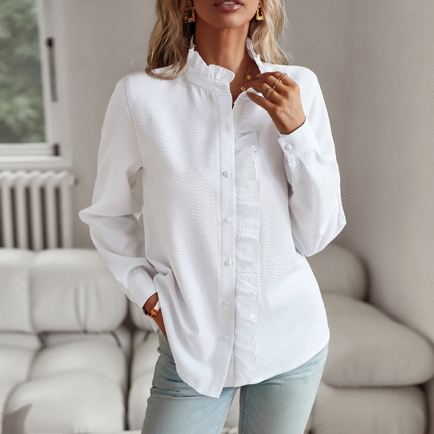 Button Up Top Casual Office Blouse Women's Clothing