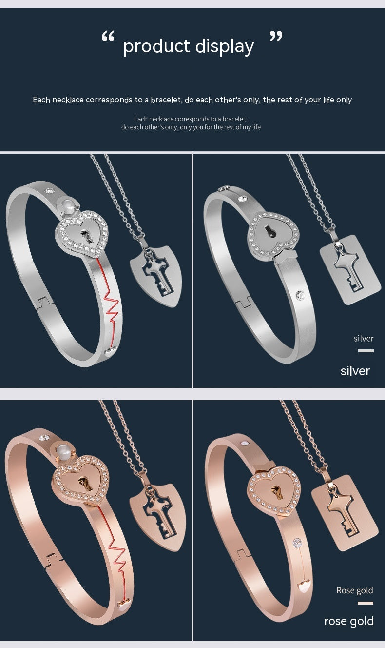Couple Electroplated Titanium Steel Diamond Heart Lock