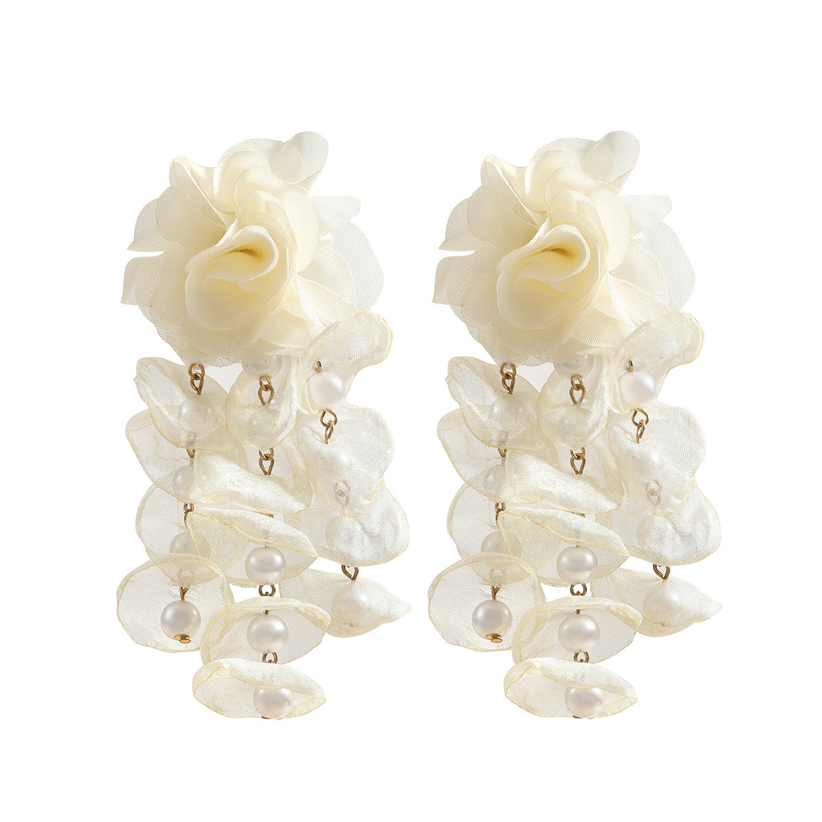 Floral Exaggerated Bohemian Fabric Pearl Flower Tassel Earrings