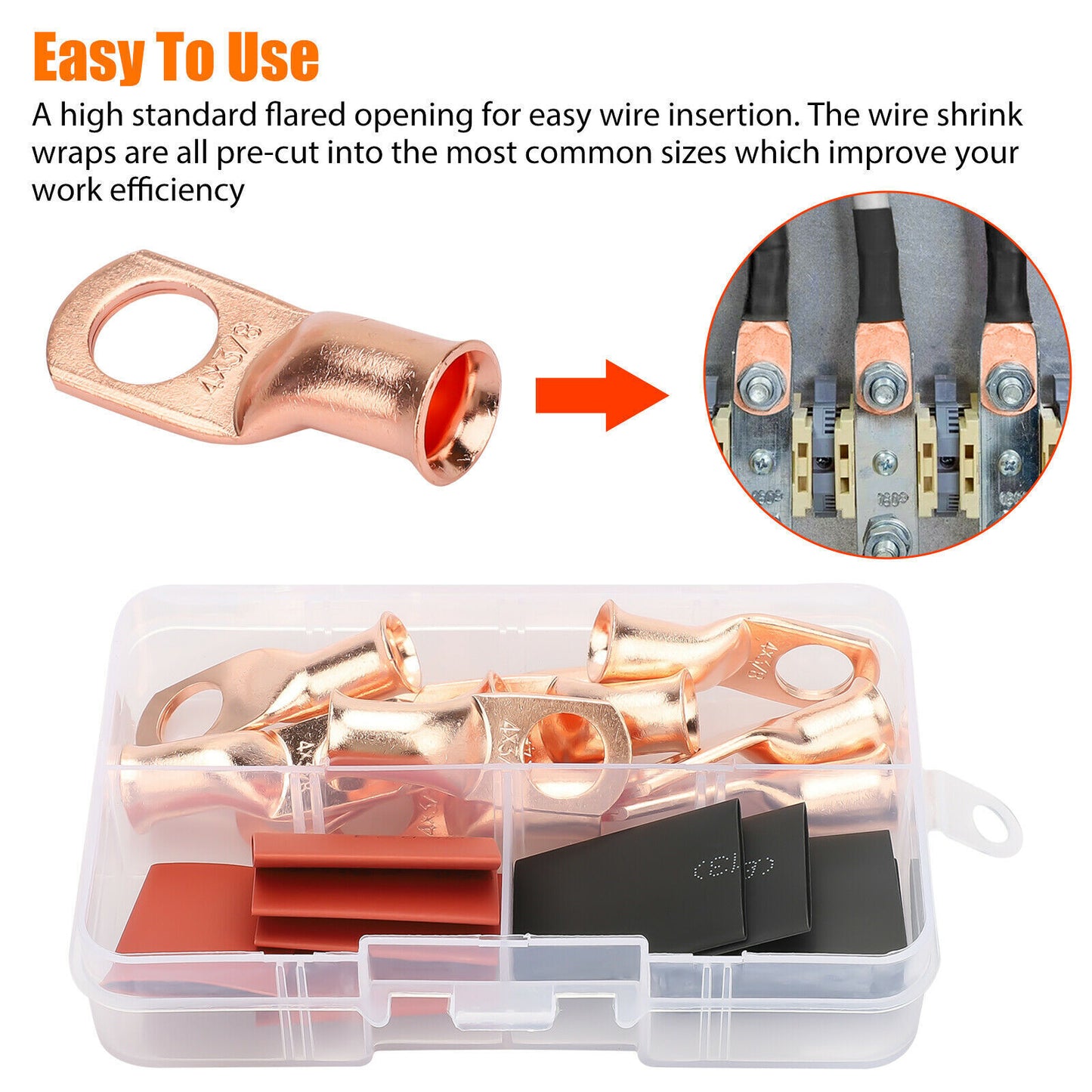 4 Gauge AWG Pure Copper Lugs Ring Terminals Connectors Log With Heat Shrink Kit