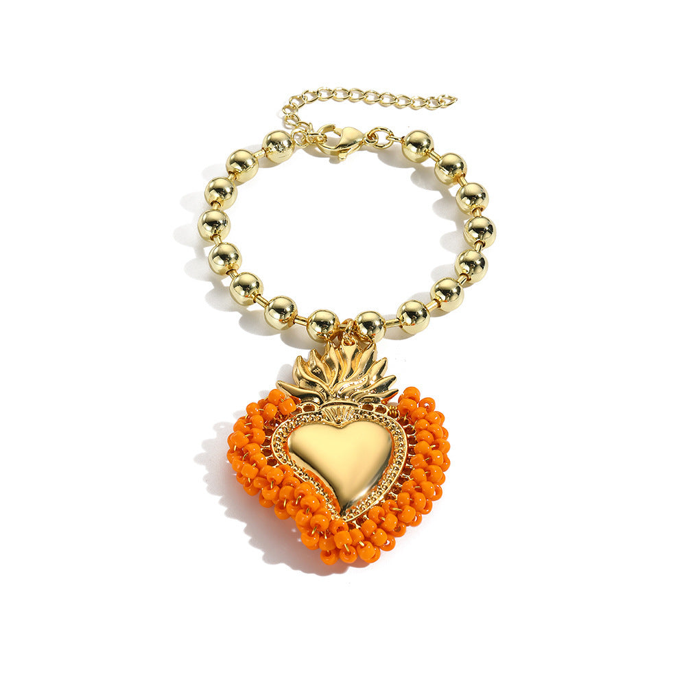 Retro Small Rice-shaped Beads Hand-woven Heart Bracelet