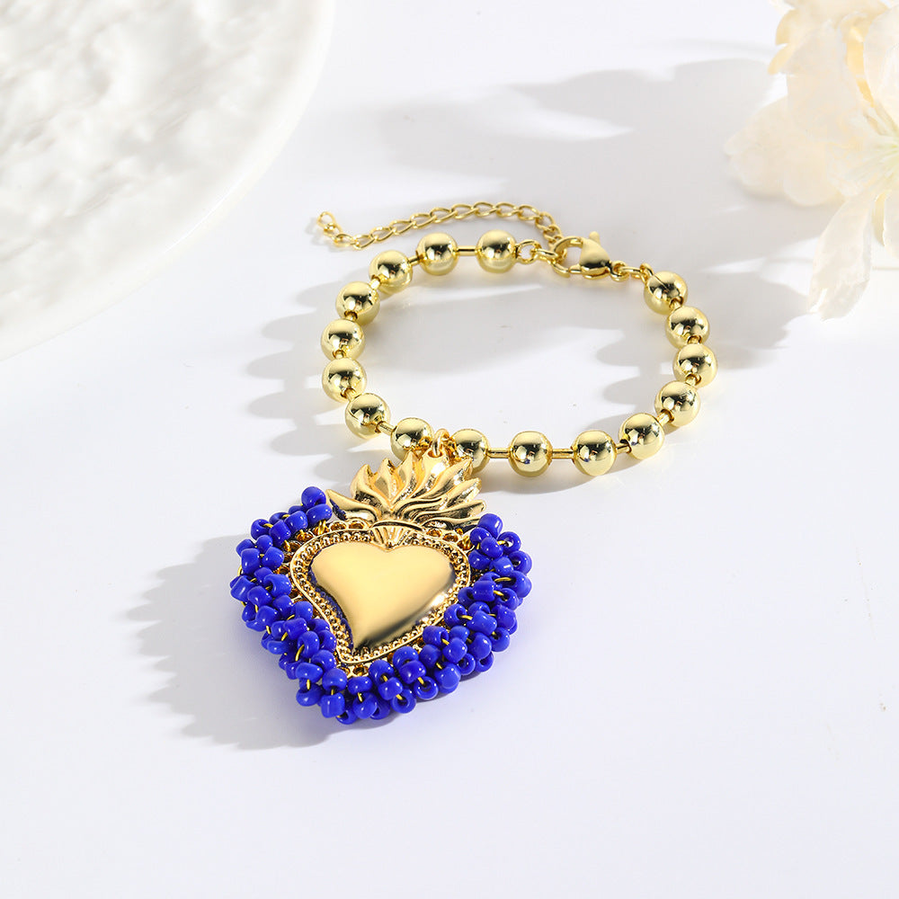 Retro Small Rice-shaped Beads Hand-woven Heart Bracelet