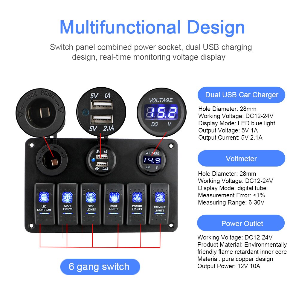 Car Marine Circuit Breaker 6 Gang Rocker Switch Panel ON/OFF Lights LED Digital Voltmeter Dual USB DC 12V/24V Waterproof