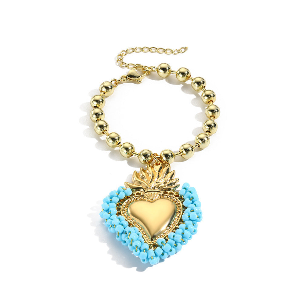 Retro Small Rice-shaped Beads Hand-woven Heart Bracelet