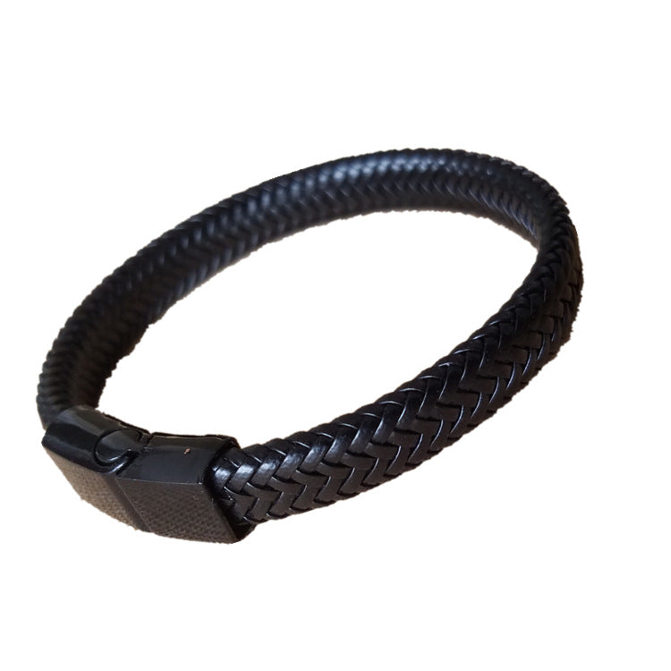 Magnetic Buckle Black Woven Leather Bracelet