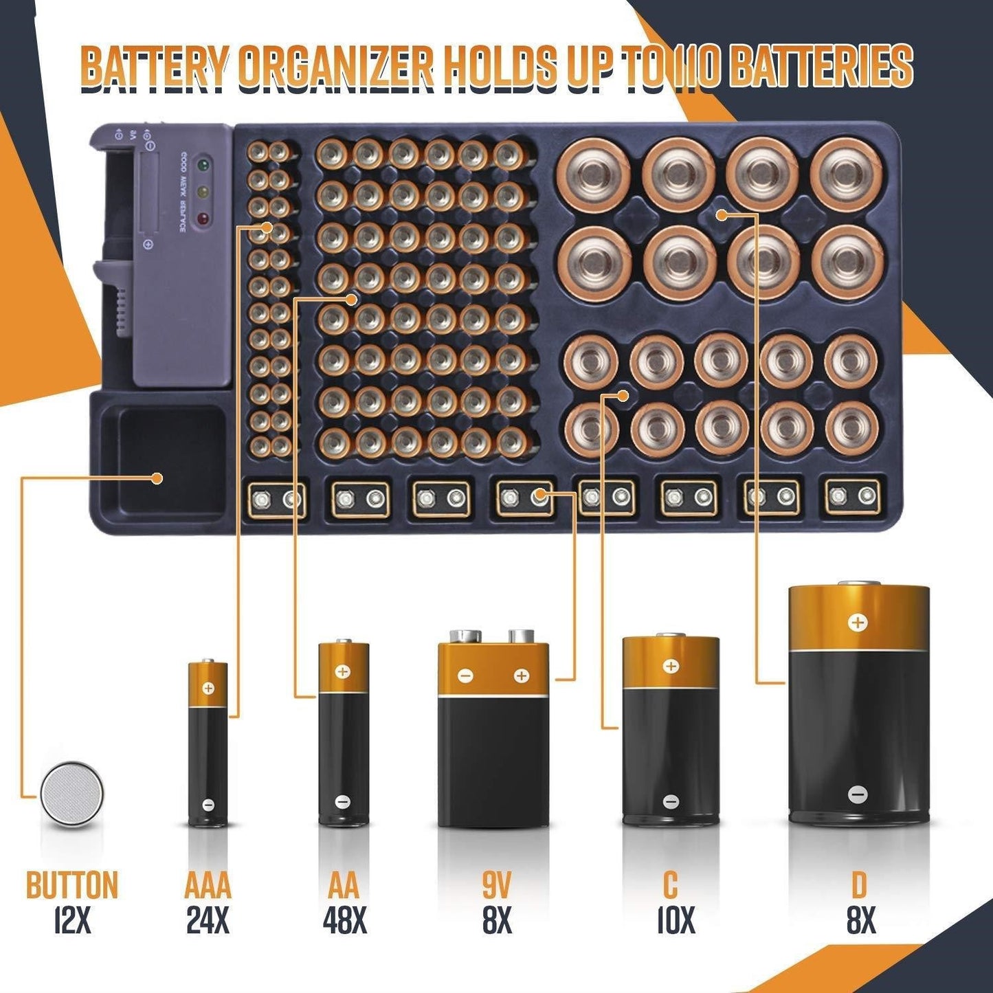 Battery Storage Organizer Holder with Tester - Battery Caddy