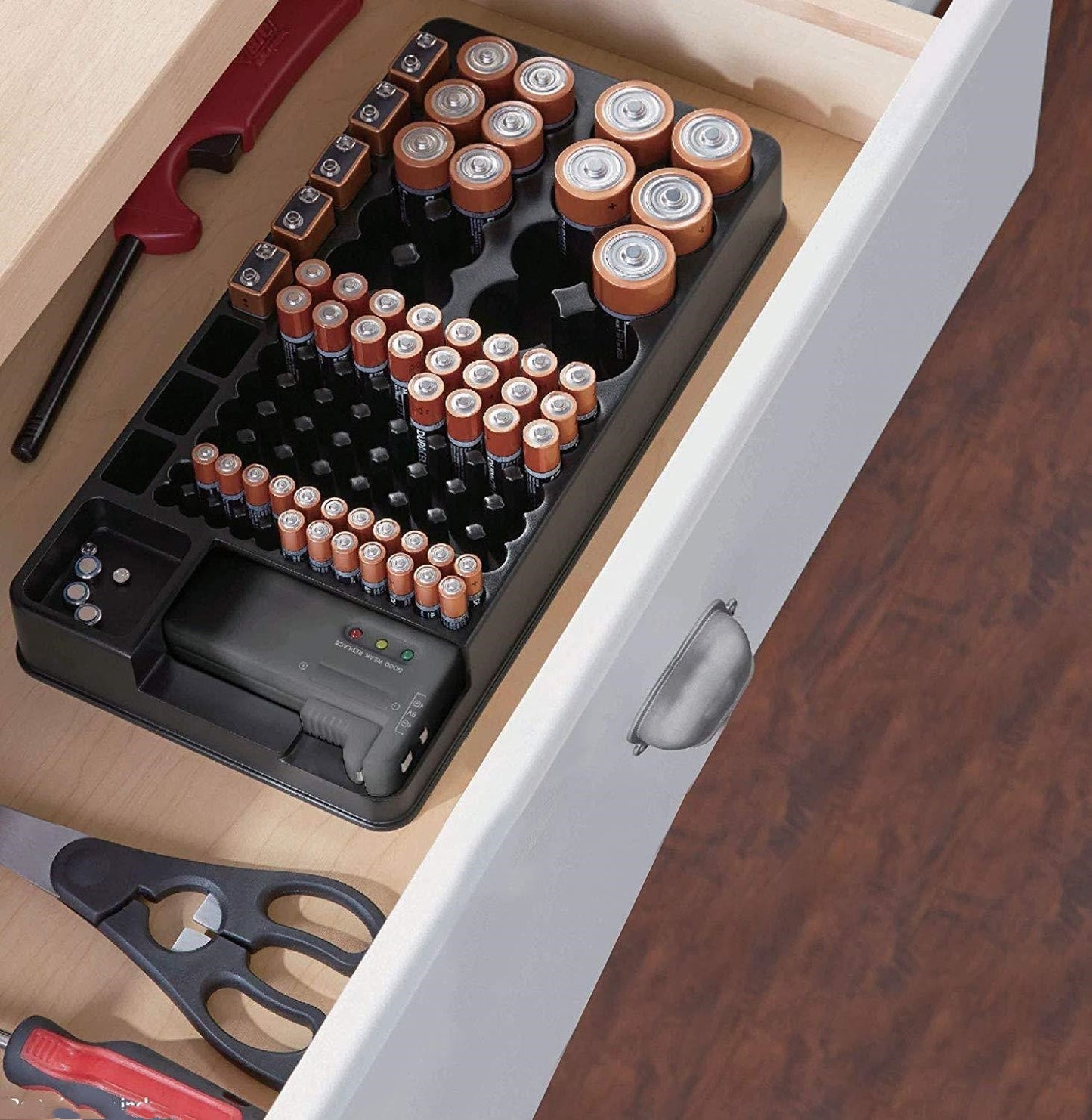 Battery Storage Organizer Holder with Tester - Battery Caddy