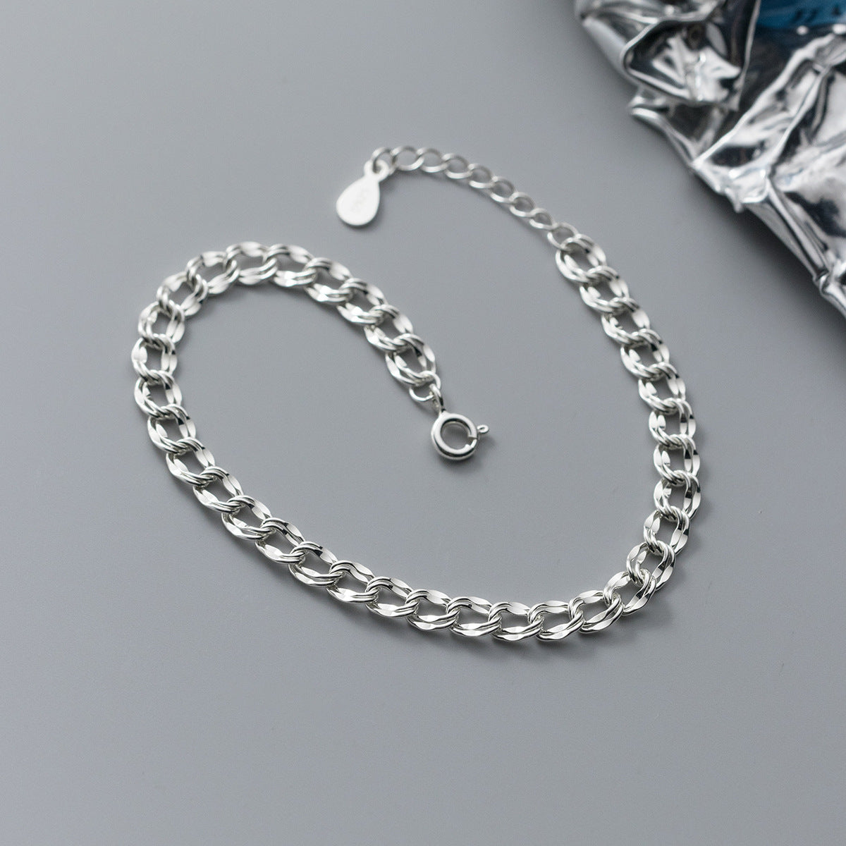 S925 Silver Glossy Buckle Chain Corrugated Bracelet