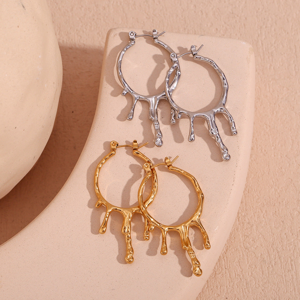 Fashion Special-interest Creative Stainless Steel 18K Gold Plating Vintage Lava Dripping Melting Earrings