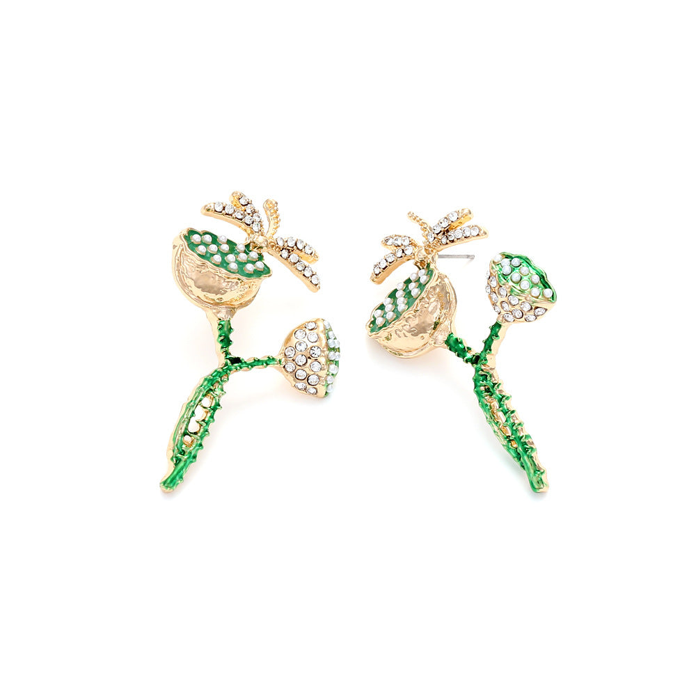 Cute Alloy Diamond Lotus Seedpod Pearl Flower Dragonfly Earrings