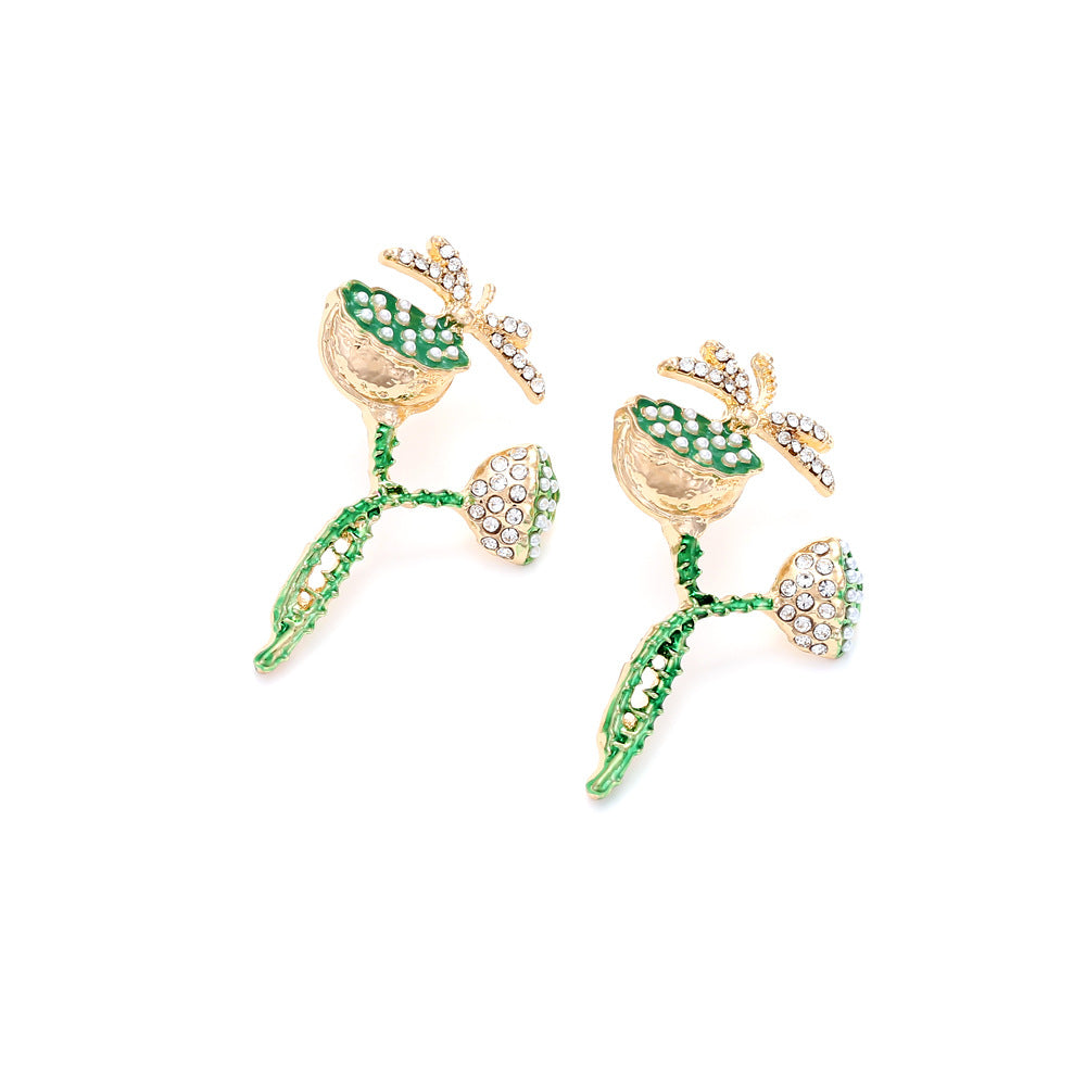 Cute Alloy Diamond Lotus Seedpod Pearl Flower Dragonfly Earrings