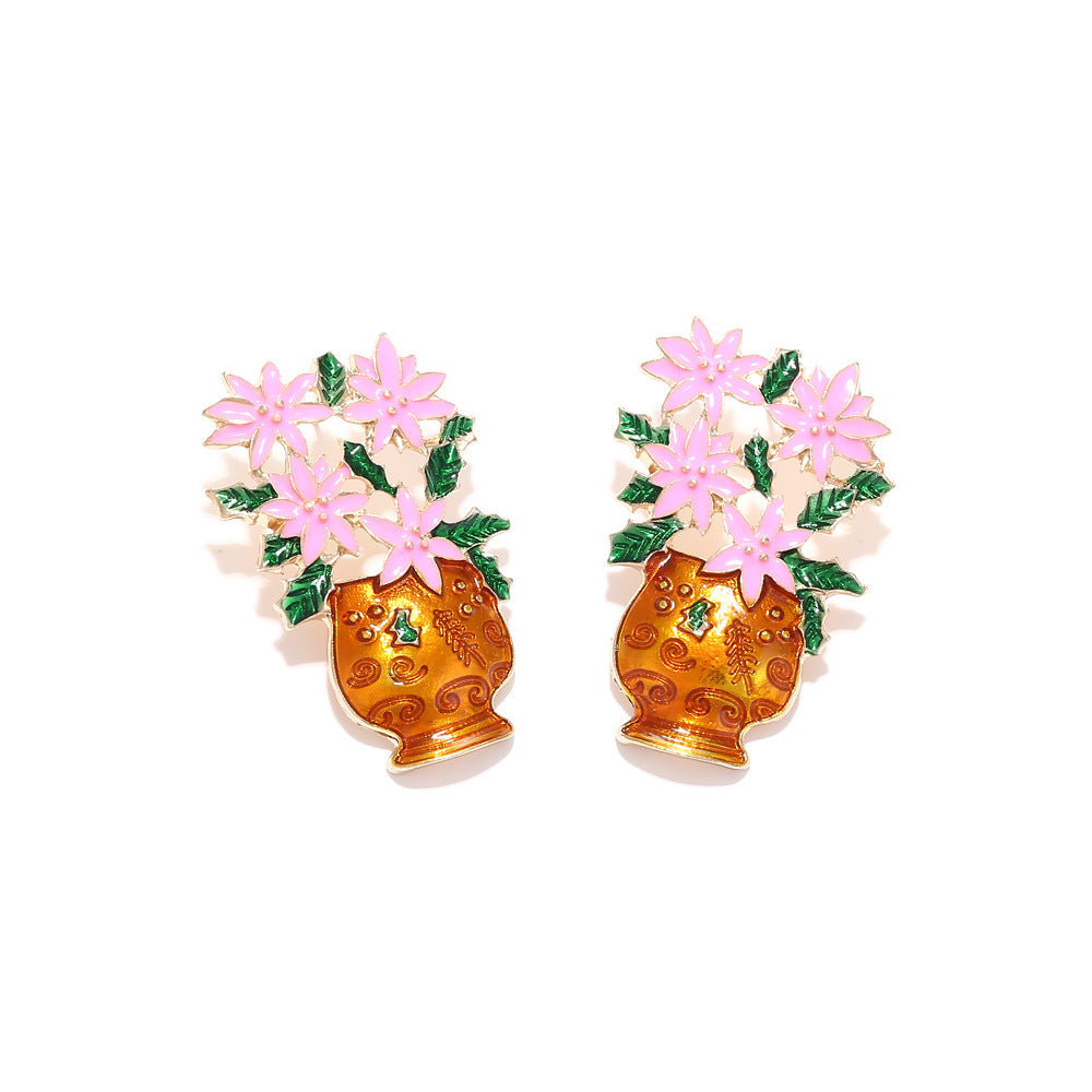 Elegant Alloy Oil Dripping Potted Flower Color Enamel Flower Stud Earrings