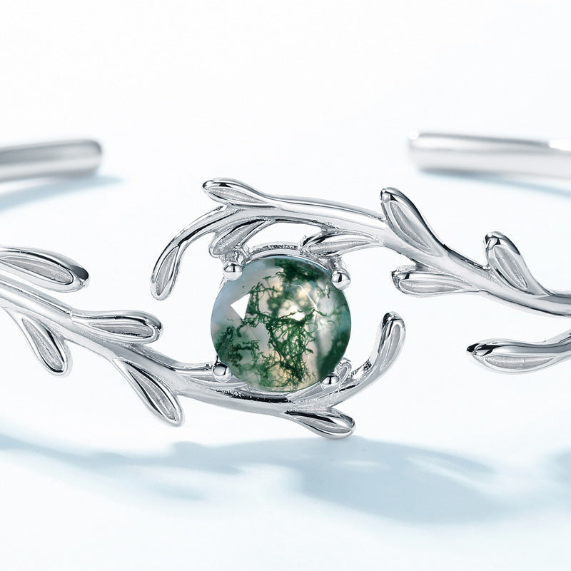 Sterling Silver Green Moss Stone Water Plants Agate Bracelet