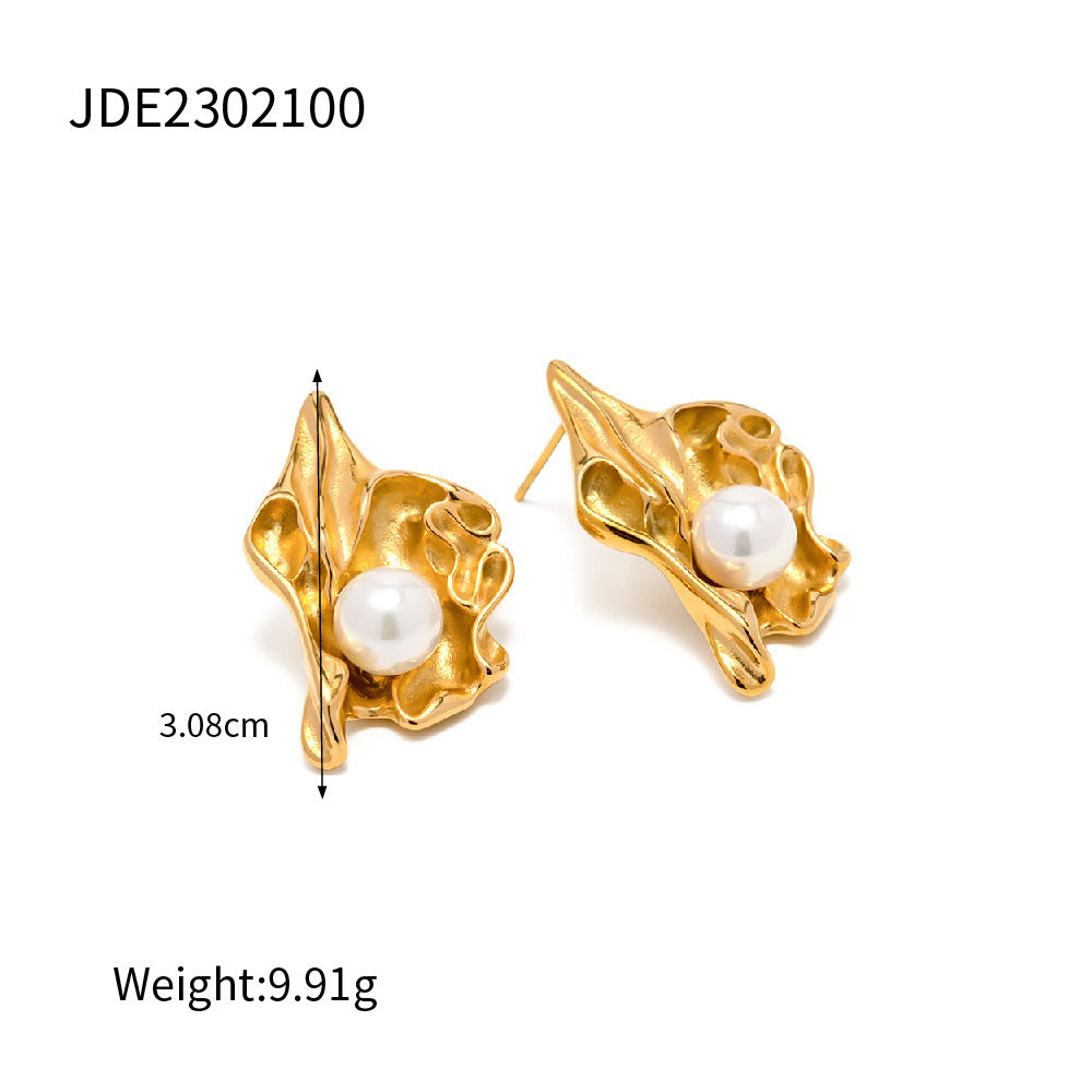 18K Gold Plated Stainless Steel Pleated Lava Pearl Flower Earrings