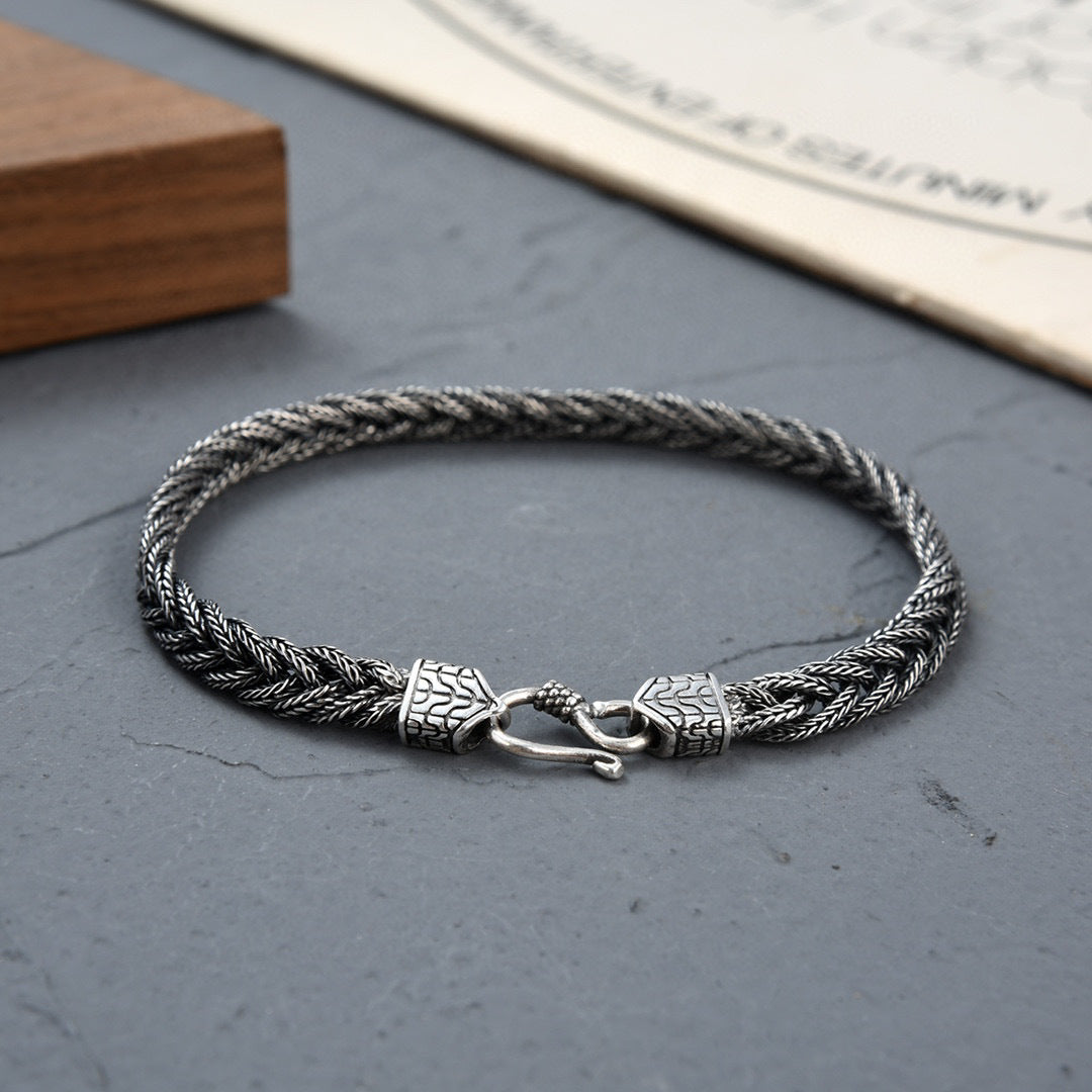 Sterling Silver Heavy Industry Fox Tail Woven Handmade Brace Lace Bracelet