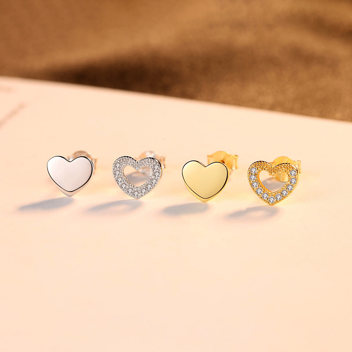 Gold Stud Earrings Love S925 Silver Zircon Earrings Asymmetric Peach Heart