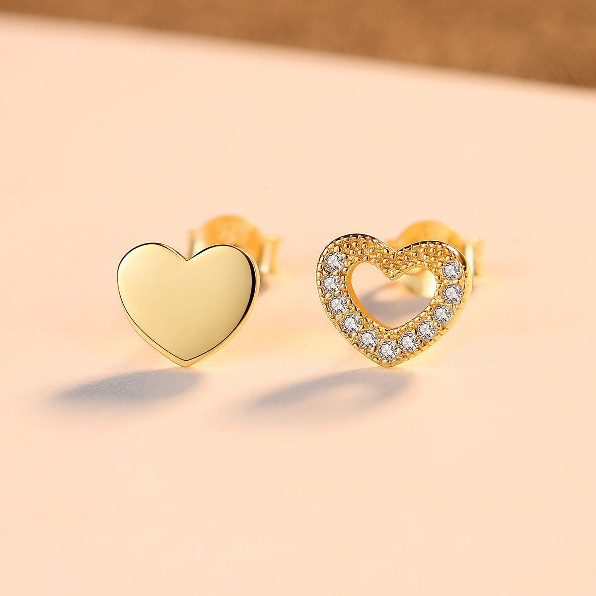 Gold Stud Earrings Love S925 Silver Zircon Earrings Asymmetric Peach Heart