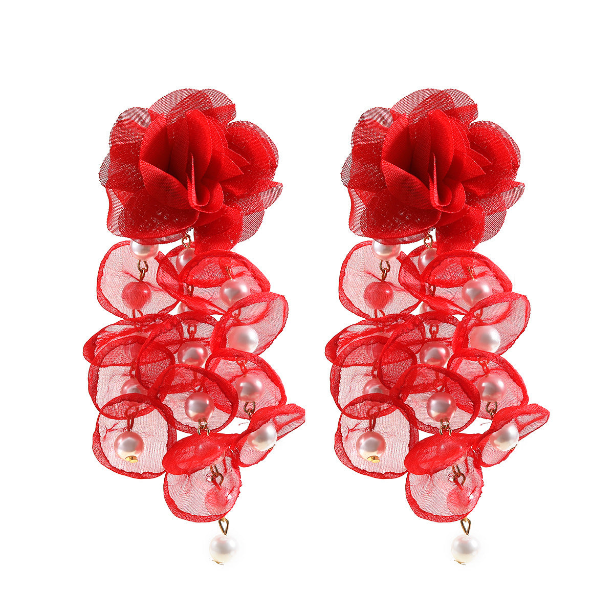 Floral Exaggerated Bohemian Fabric Pearl Flower Tassel Earrings