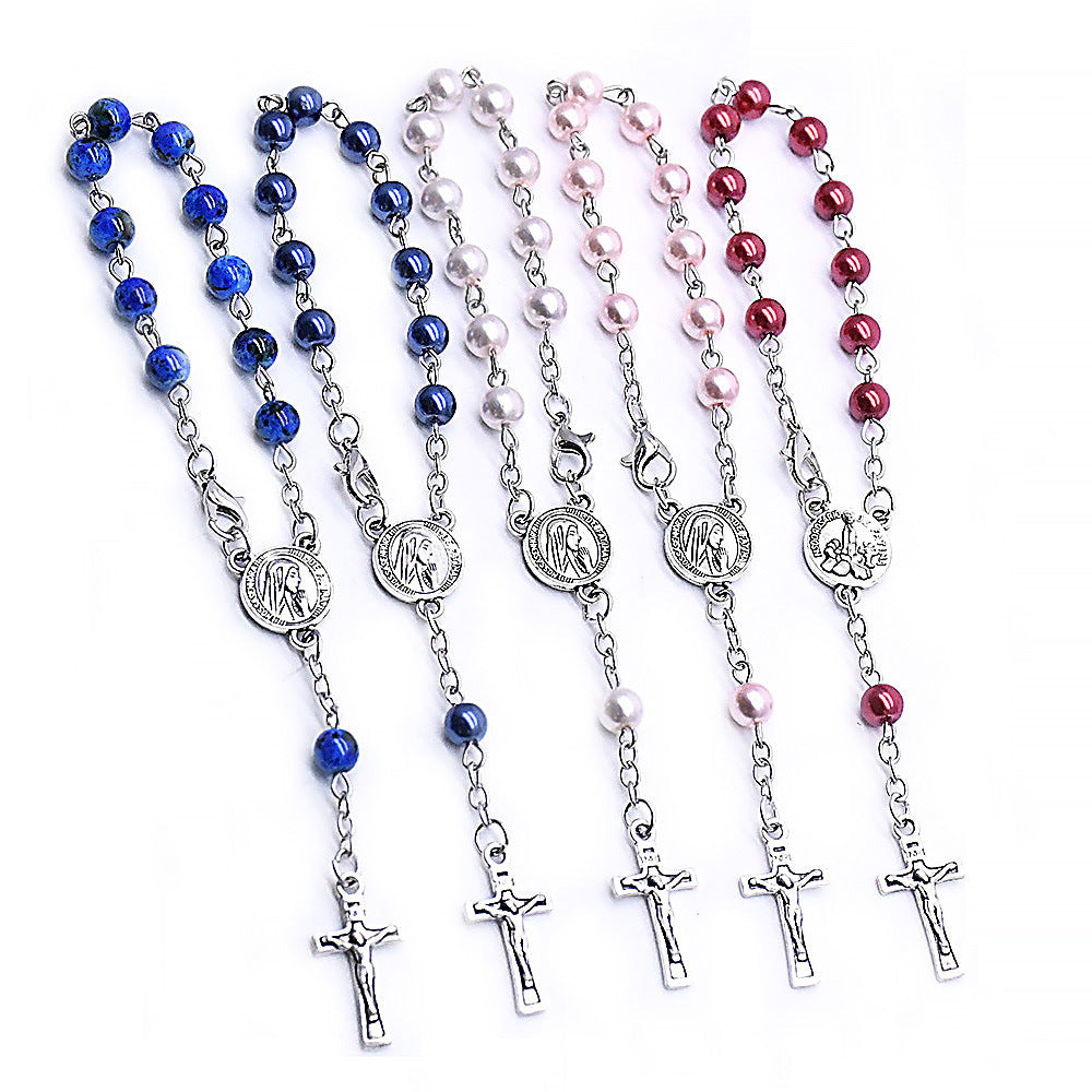 Boxed 6mm Pearl Rosary Bracelet Alloy Cross Bracelet Prayer Beads