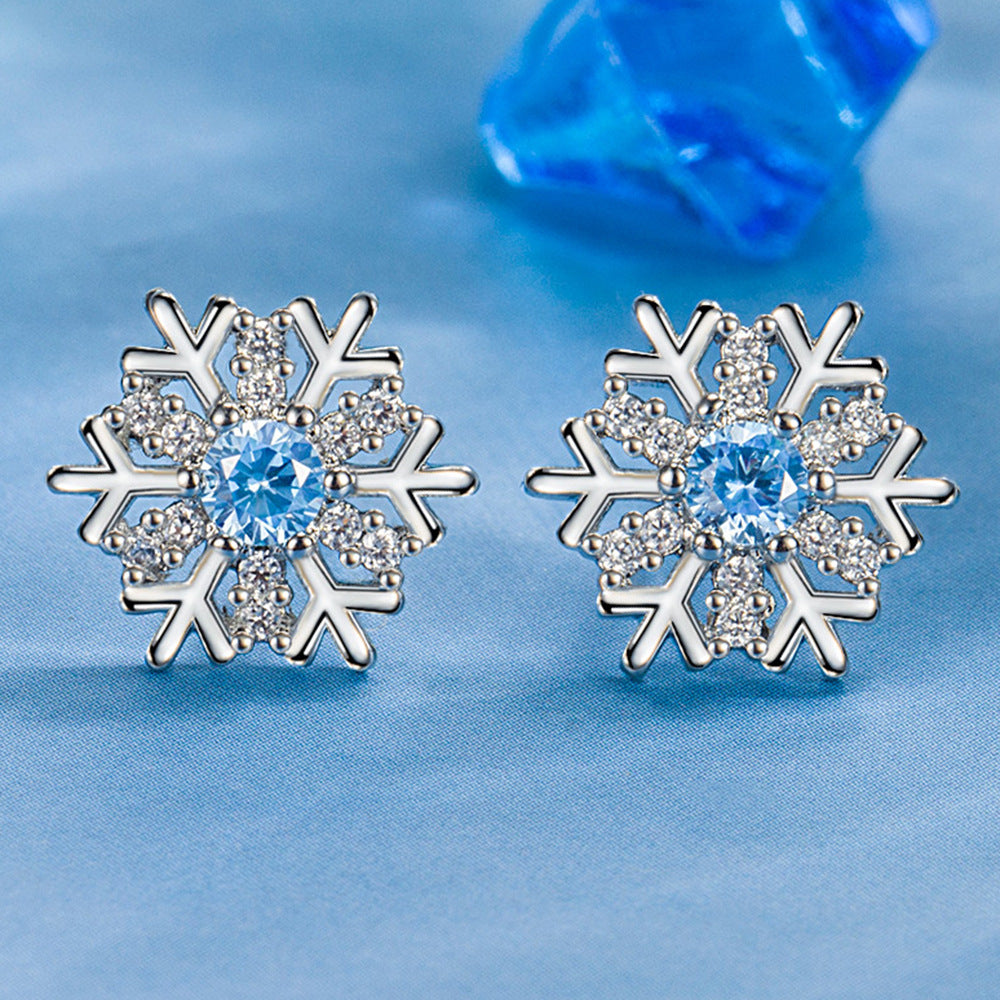 Women's Fashion Simple Blue Diamond Snowflake Ear Stud