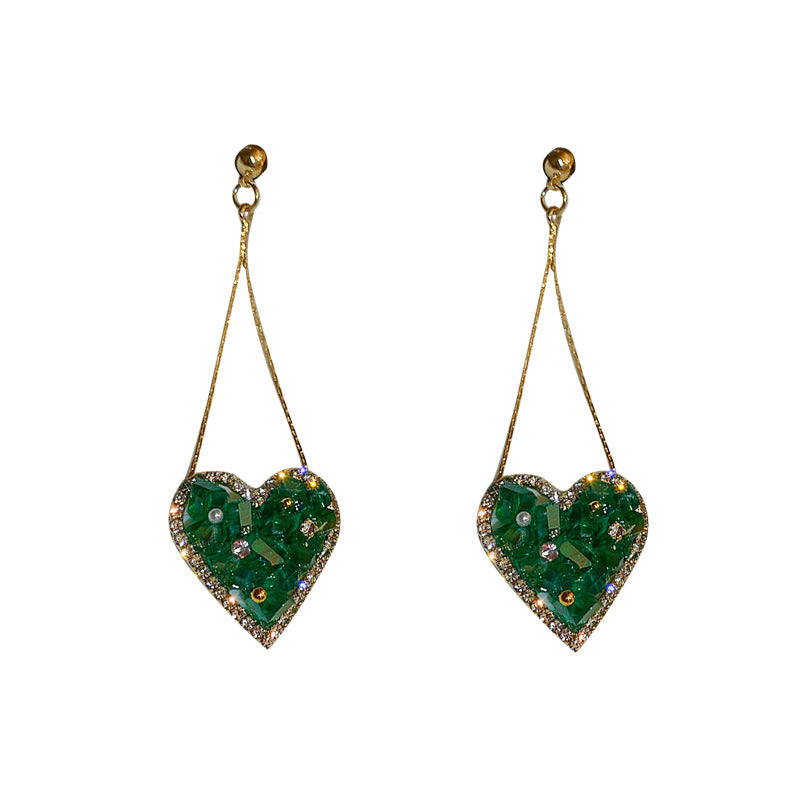 Silver Stud Rhinestone-encrusted Emerald Crystal Love Heart Earrings