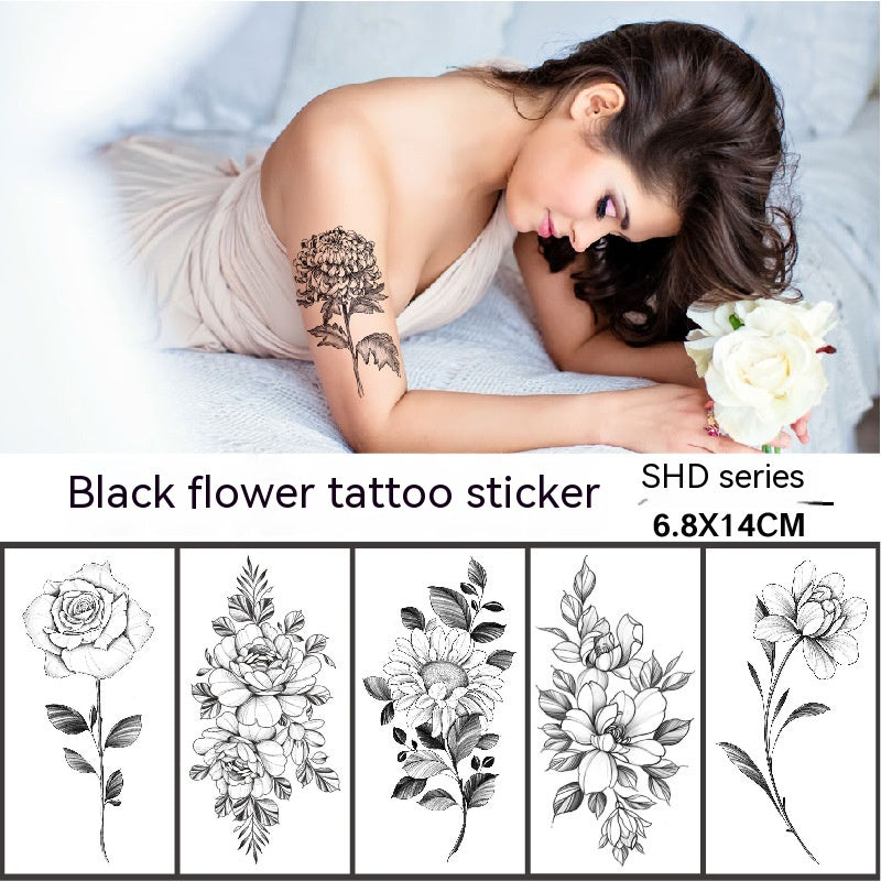 Black And White Sketch Flower Waterproof Tattoo Sticker