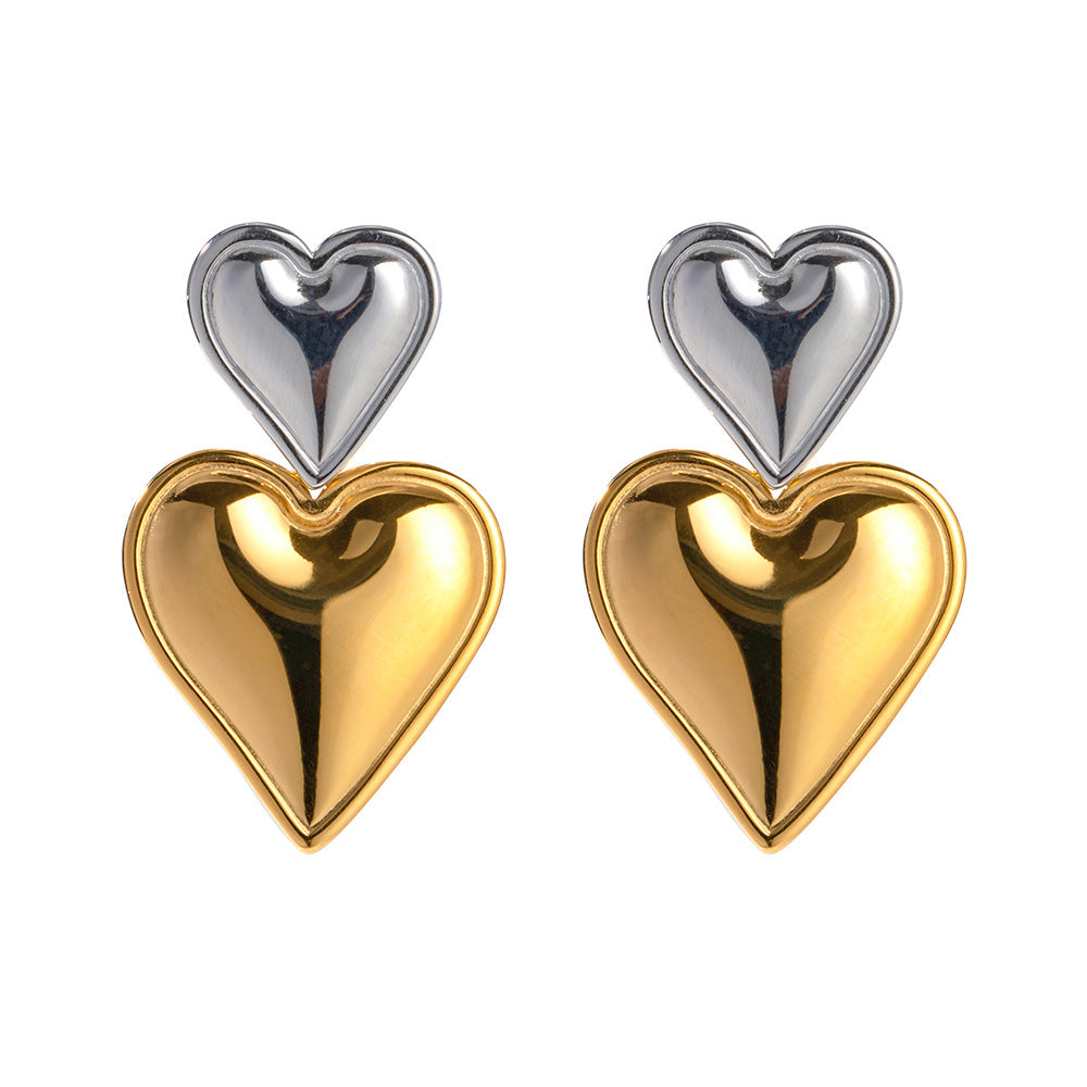 18K Gold Stainless Steel Heart-shaped Gold And Silver Color Matching Earrings