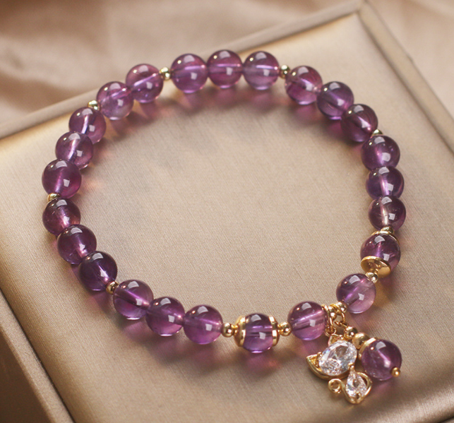 Natural Amethyst Female Cat Pendant Bracelet