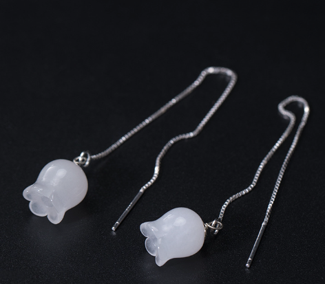 White Jade Wind Chimes Silver Earrings Retro Ethnic Style Earrings Simple Lady