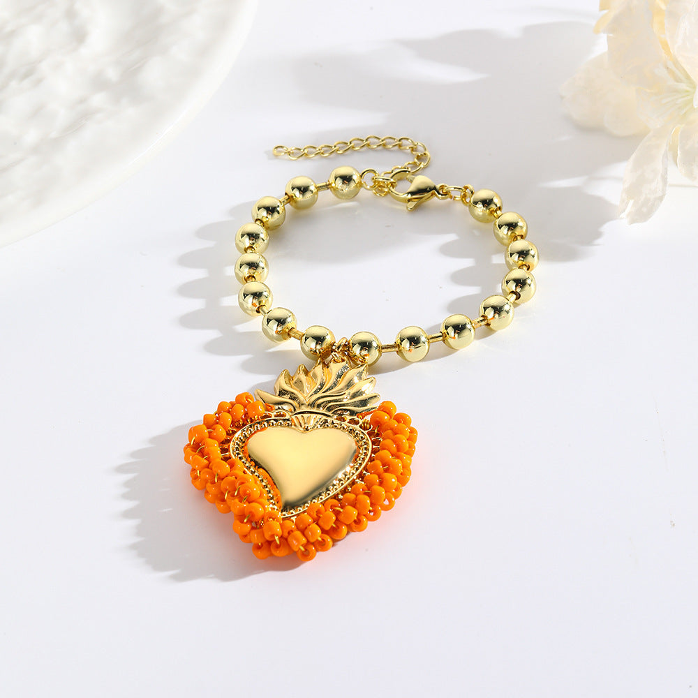 Retro Small Rice-shaped Beads Hand-woven Heart Bracelet