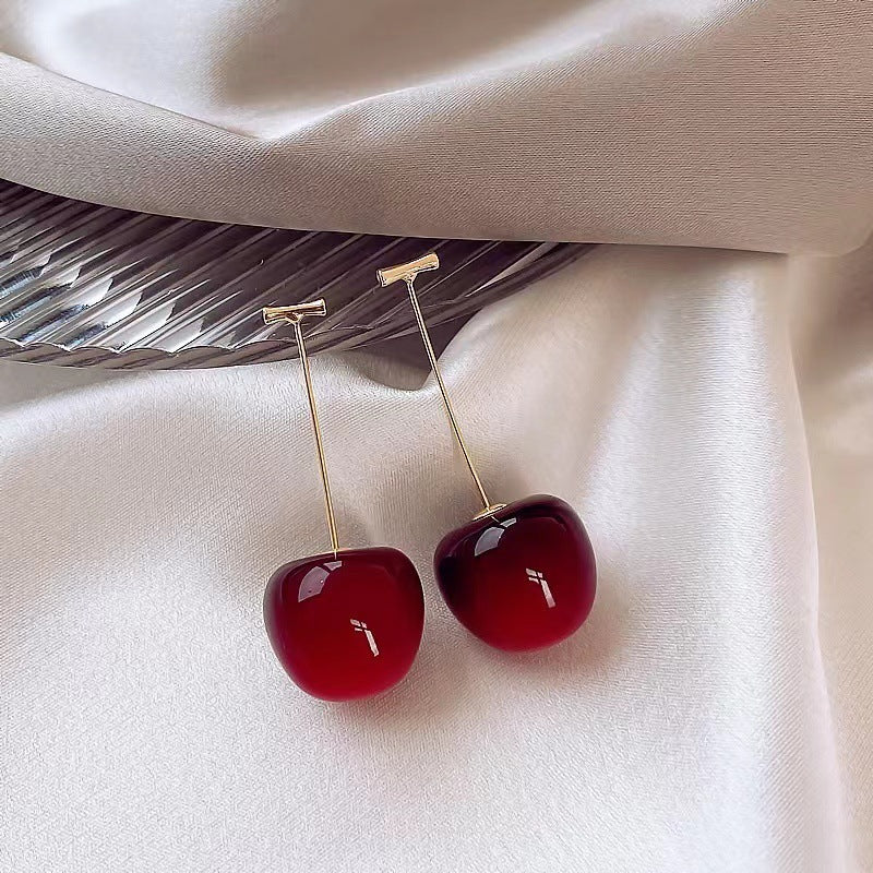 Sterling Silver Needle Long Red Cherry Earrings