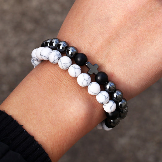 White-barked Pine Black Iron Bracelet Cross Elastic Two-piece Set