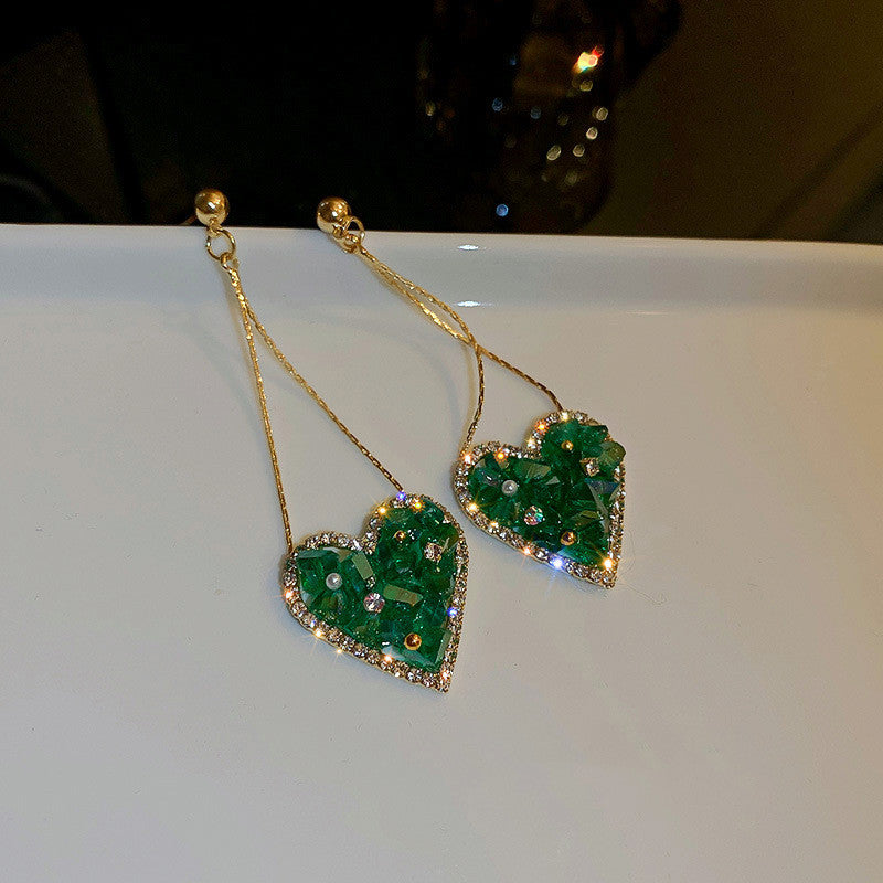 Silver Stud Rhinestone-encrusted Emerald Crystal Love Heart Earrings