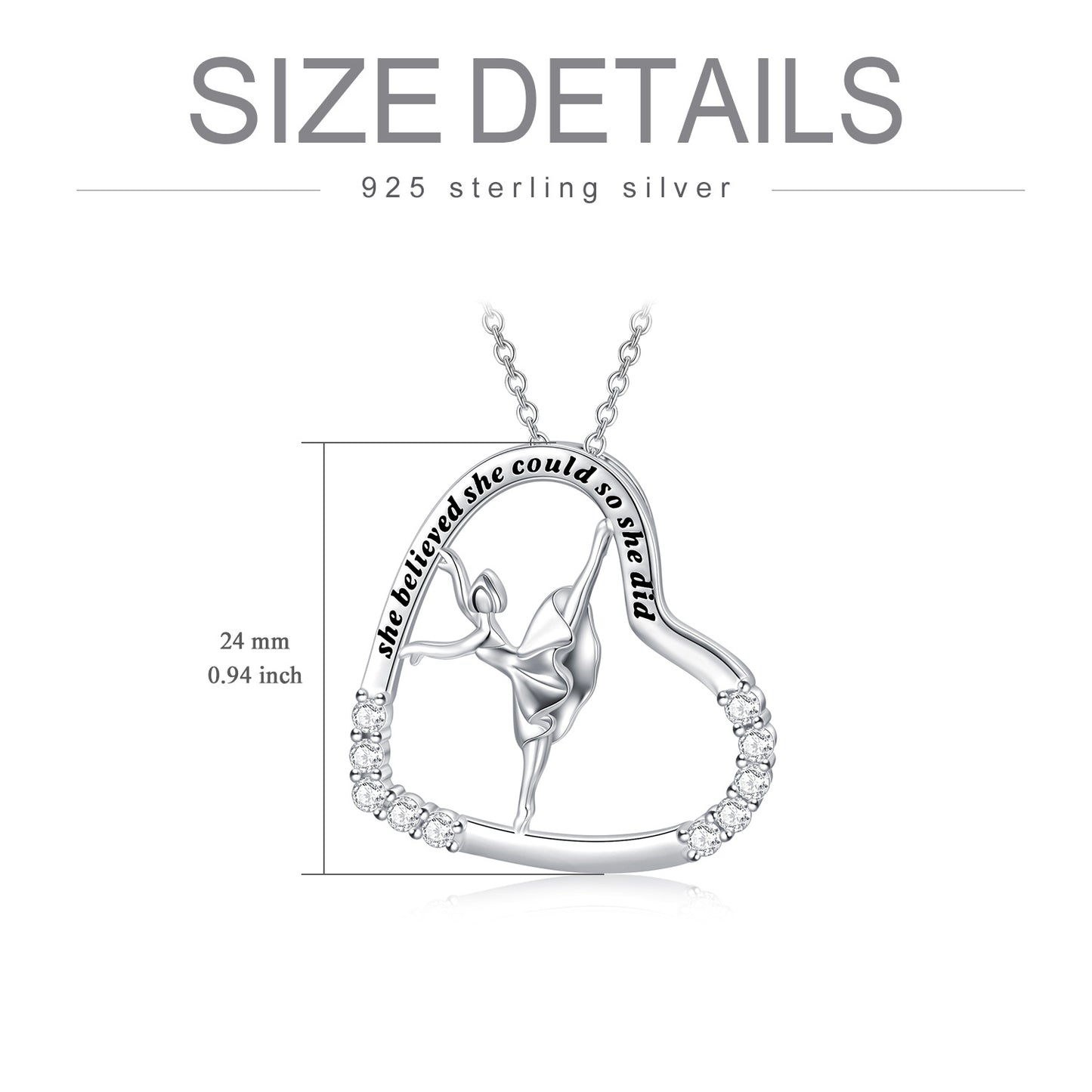 925 Sterling Silver Heart Ballerina Dancer Ballet Dance Pendant Necklace Dance Jewelry Gifts for Women