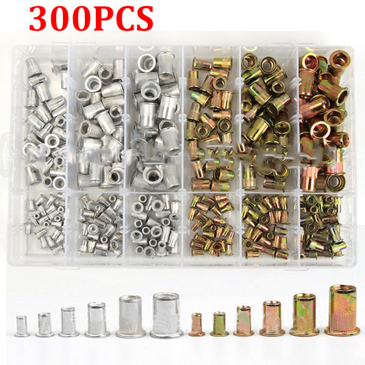 300Pcs/Box Aluminum+Color Zinc Blind Rivet Nut M3/4/5/6/8/10 Set Flat Head Rivet Nut Pull Cap