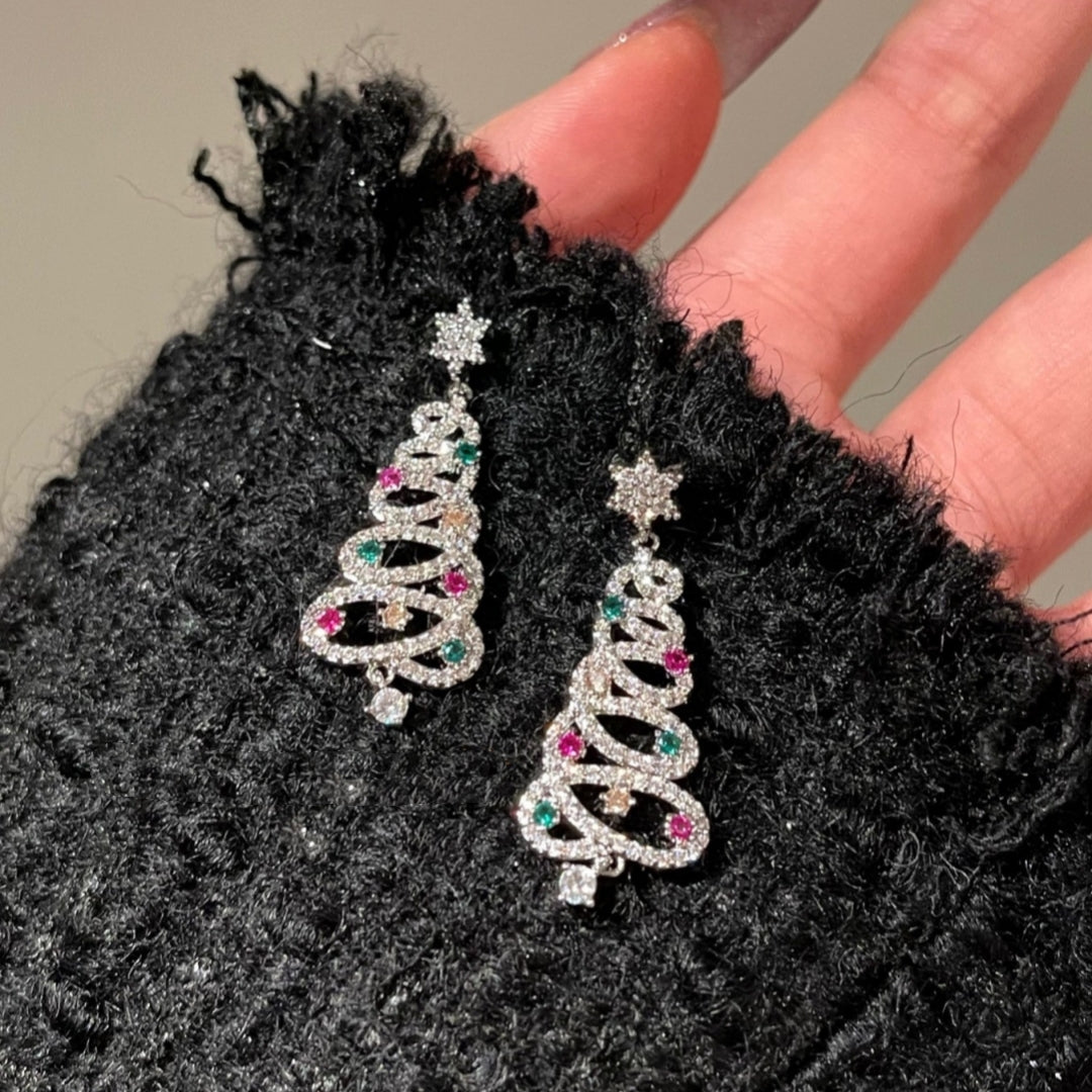 New Full Inlaid Colorful Zircon Christmas Tree Tassel Earrings Women's Fashion Personality Earrings Party Jewelry Christmas Gift