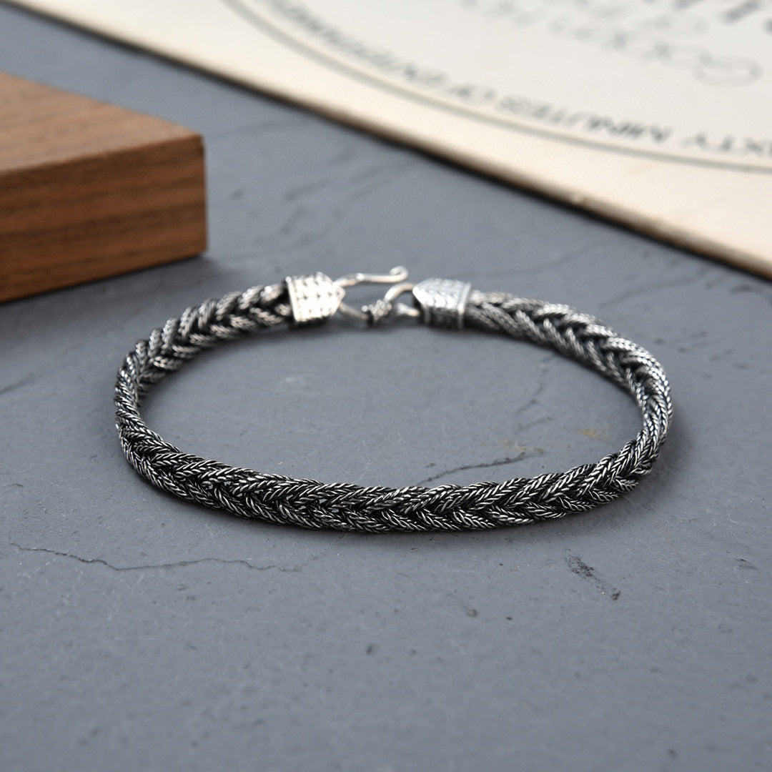 Sterling Silver Heavy Industry Fox Tail Woven Handmade Brace Lace Bracelet