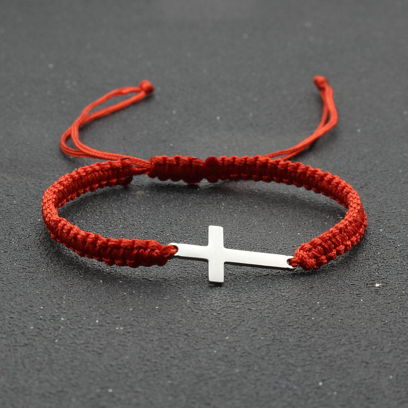 Simple Stainless Steel Cross Hand-woven Adjustable Red Rope Bracelet