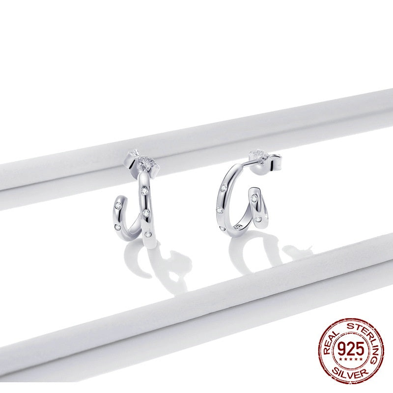 Simple And Popular Lines Geometric Zircon Original Sterling Silver S925 Double Hoop Earrings