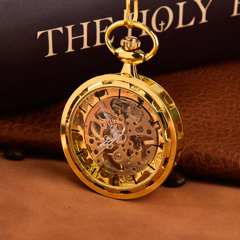 Large Wheel Gold Surface Digital Surface Mechanical Hollowing Flower Needle Pocket Watch