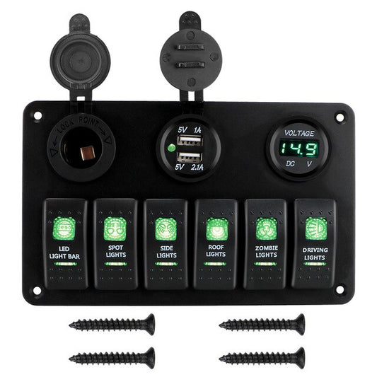 Car Marine Circuit Breaker 6 Gang Rocker Switch Panel ON/OFF Lights LED Digital Voltmeter Dual USB DC 12V/24V Waterproof