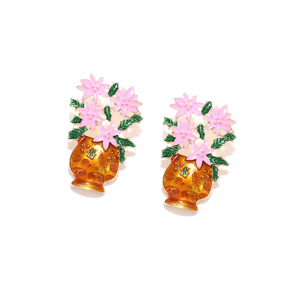 Elegant Alloy Oil Dripping Potted Flower Color Enamel Flower Stud Earrings