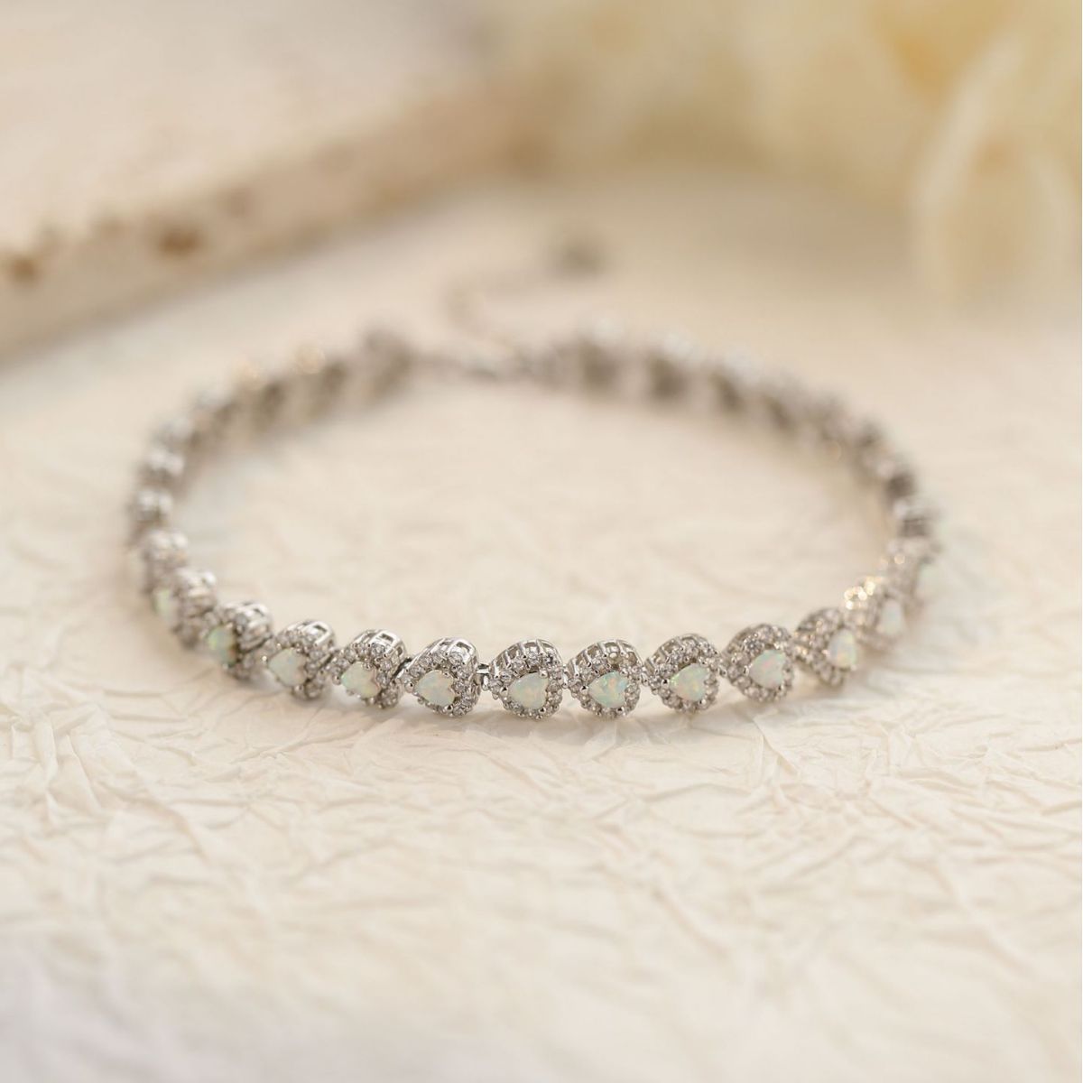 925 Sterling Silver Heart-shaped Diamond White Opal Bracelet